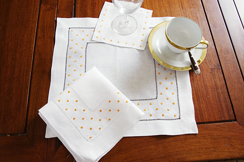 Square Linen Napkins. Orange colored Swiss Polka Dots. 14".